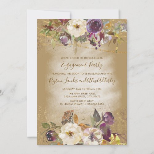 Brown Ivory Purple Floral Glitter Engagement Party Invitation
