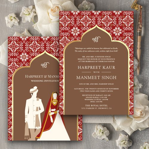 Brown Ivory Red Pattern Anand Karaj Sikh Wedding Invitation