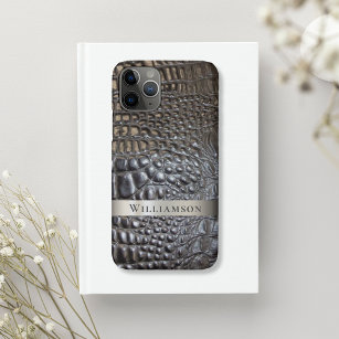 Brown Ivory Reptile Digital Leather Titanium Metal iPhone 11 Pro Case