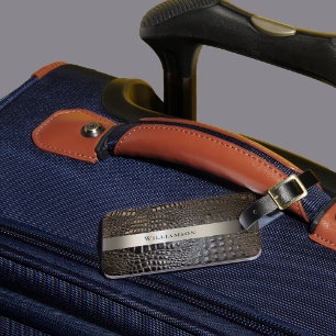 Brown Ivory Reptile Digital Leather Titanium Metal Luggage Tag