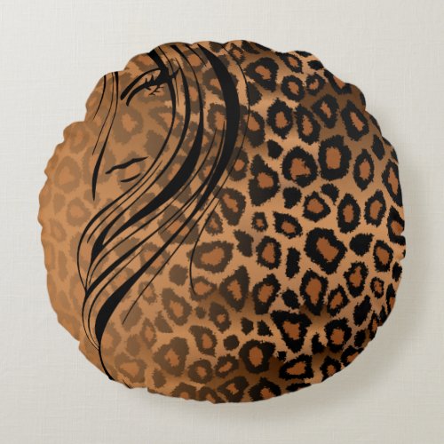 Brown Jaguar Gradient Animal Print with Girl Round Pillow