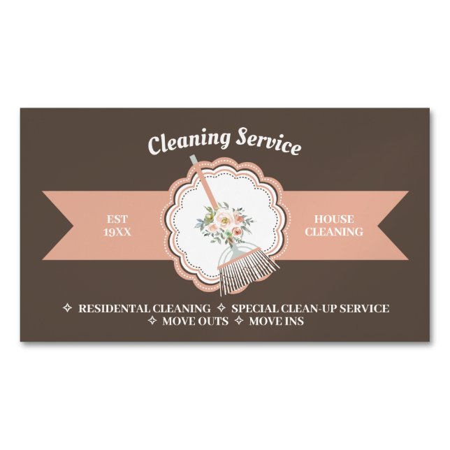 Brown Janitorial Calligraphy Housekeeping Cleaning Business Card Magnet (Front)