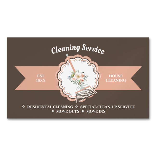 Brown Janitorial Calligraphy Housekeeping Cleaning Business Card Magnet