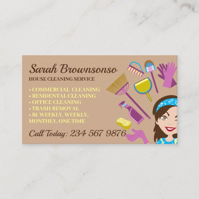 Brown Janitorial Green Eye Lady Cartoon Cleaning Business Card (Front)