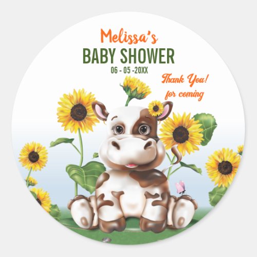 Brown Jersey Cow Girl Sunflower Baby Shower Classic Round Sticker
