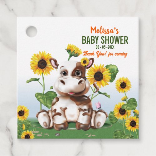 Brown Jersey Cow Girl Sunflower Baby Shower Favor Tags