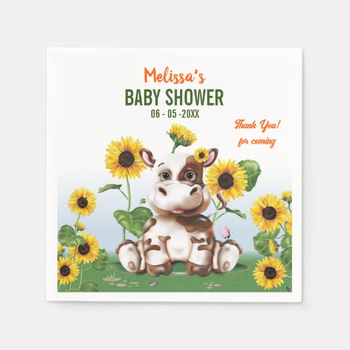 Brown Jersey Cow Girl Sunflower Baby Shower Napkins