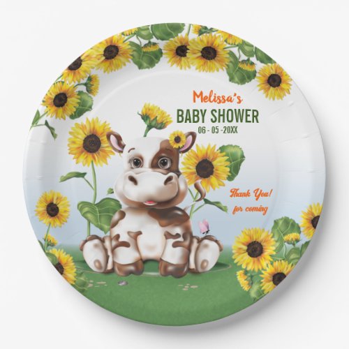 Brown Jersey Cow Girl Sunflower Baby Shower Paper Plates