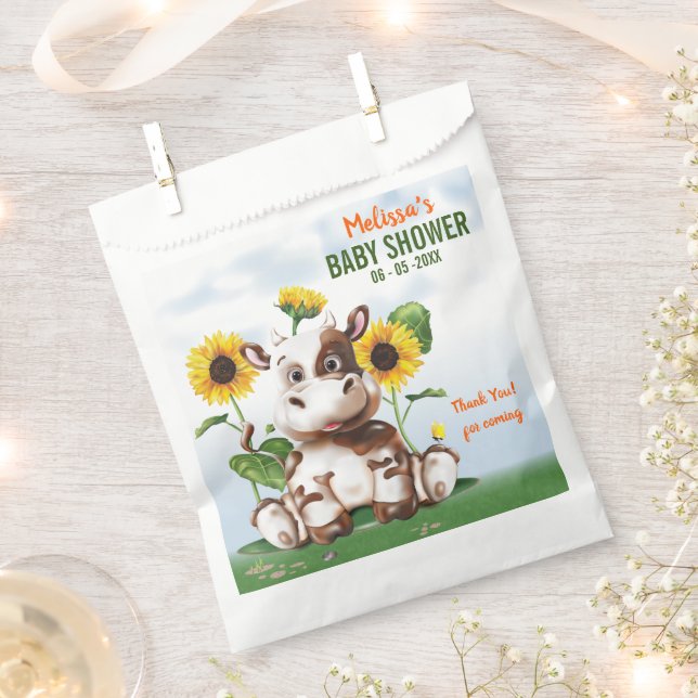 Brown Jersey Cow Sunflower Baby Shower Favor Bag (Clipped)