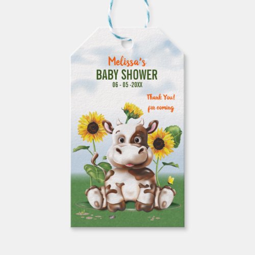 Brown Jersey Cow Sunflower Baby Shower Gift Tags