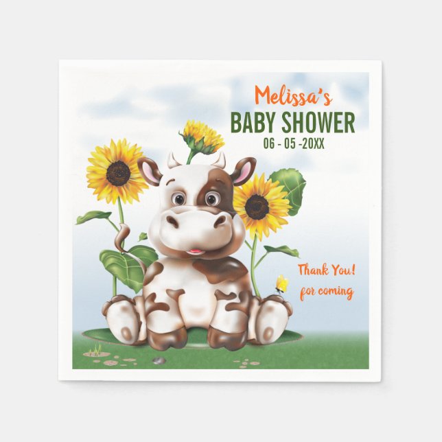 Brown Jersey Cow Sunflower Baby Shower Napkins (Front)