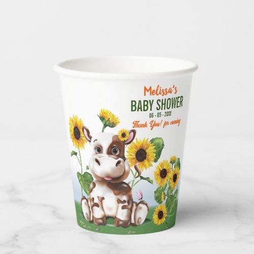 Brown Jersey Cow Sunflower Baby Shower Paper Cups