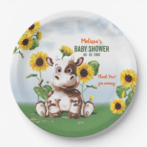 Brown Jersey Cow Sunflower Baby Shower Paper Plates
