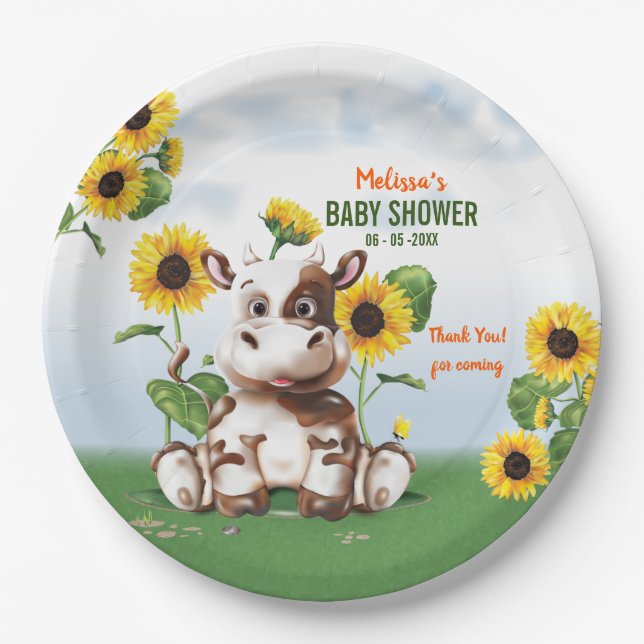Brown Jersey Cow Sunflower Baby Shower Paper Plates (Front)