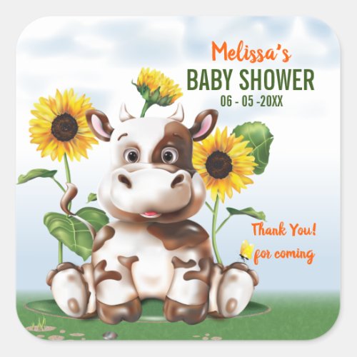 Brown Jersey Cow Sunflower Baby Shower Square Sticker