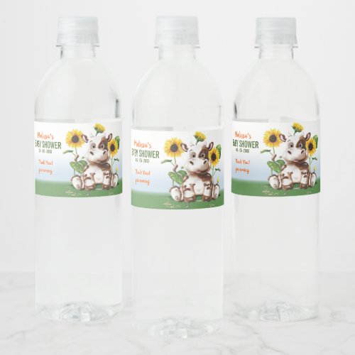 Brown Jersey Cow Sunflower Baby Shower Water Bottle Label