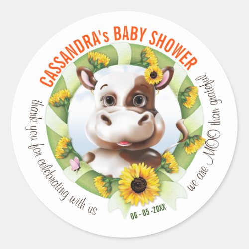 Brown Jersey Cow Sunflower Girl Baby Shower Classic Round Sticker