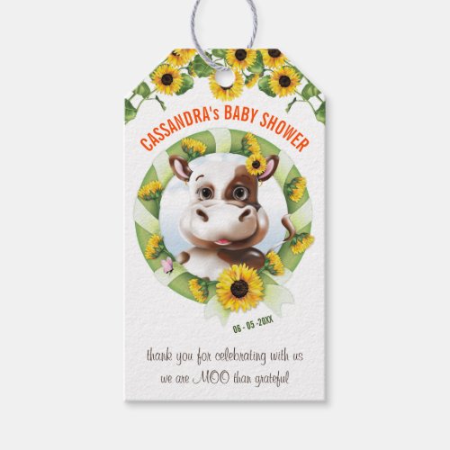 Brown Jersey Cow Sunflower Girl Baby Shower Gift Tags