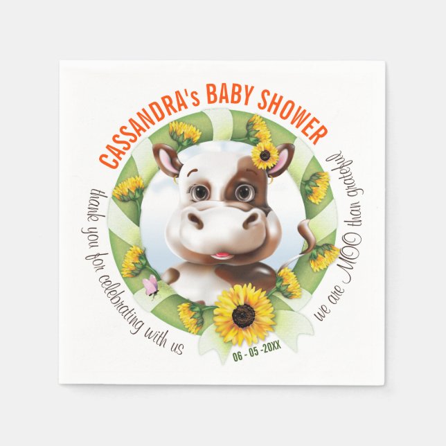 Brown Jersey Cow Sunflower Girl Baby Shower Napkins (Front)