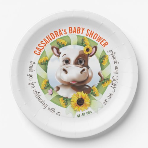 Brown Jersey Cow Sunflower Girl Baby Shower Paper Plates