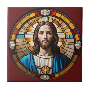 Brown Jesus Christ Circular Faux Stained Glass Ceramic Tile
