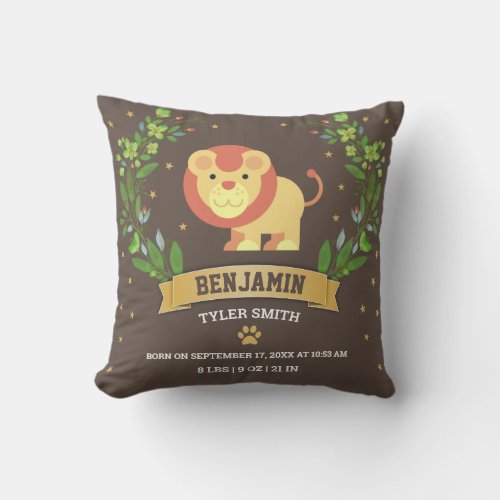 Brown Jungle Safari Lion Baby Boy Birth Stats Throw Pillow