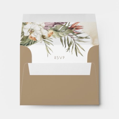 Brown Khaki RSVP Palm Leaves with Cream Watercolor Envelope