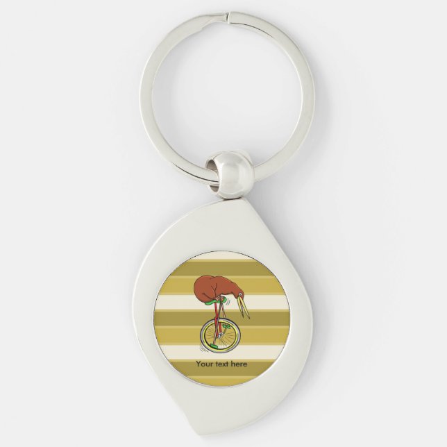 Brown Kiwi Riding On A Unicycle Keychain (Front)