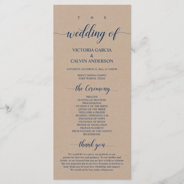 Brown Kraft,  Classy Navy Blue, Wedding Ceremony Program (Front)