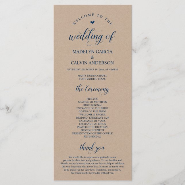 Brown Kraft,  Classy Navy Blue, Wedding Ceremony Program (Front)