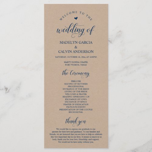 Brown Kraft  Classy Navy Blue Wedding Ceremony Program