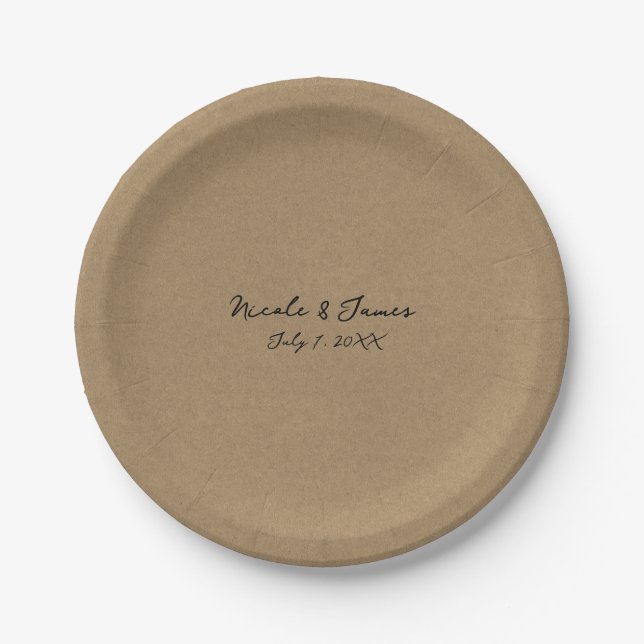 Brown Kraft Minimal Modern Wedding Paper Plates (Front)