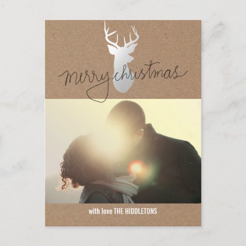 Brown Kraft Paper Silver Reindeer Christmas Photo Holiday Postcard