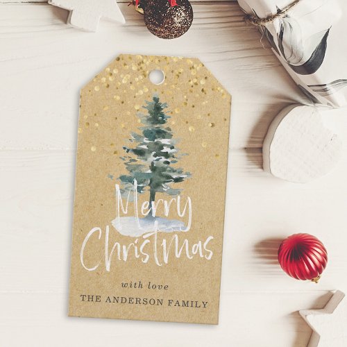 Brown Kraft Snowy Christmas Tree Holiday Gift Tags