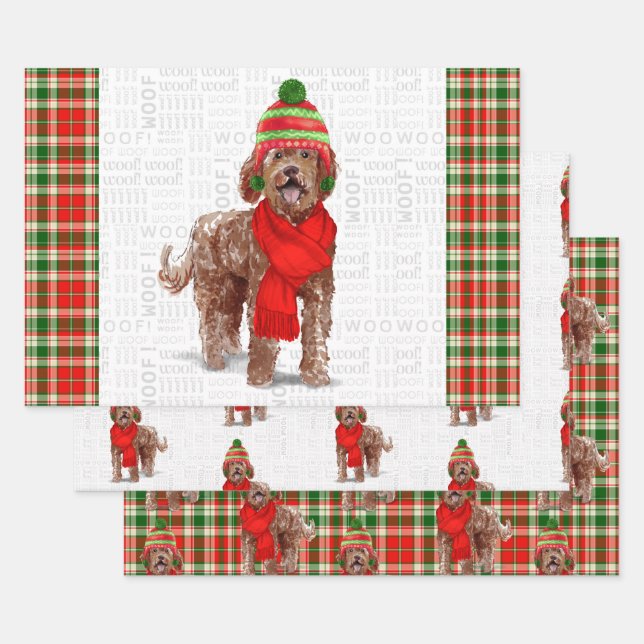 Brown Labradoodle Christmas Dog and Holiday Plaid Wrapping Paper Sheets (Set)