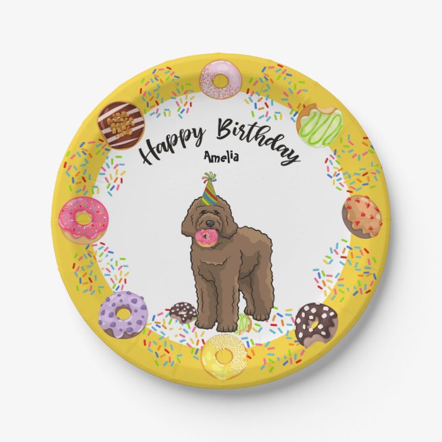 Brown Labradoodle Dog Birthday Party Paper Plate (Front)