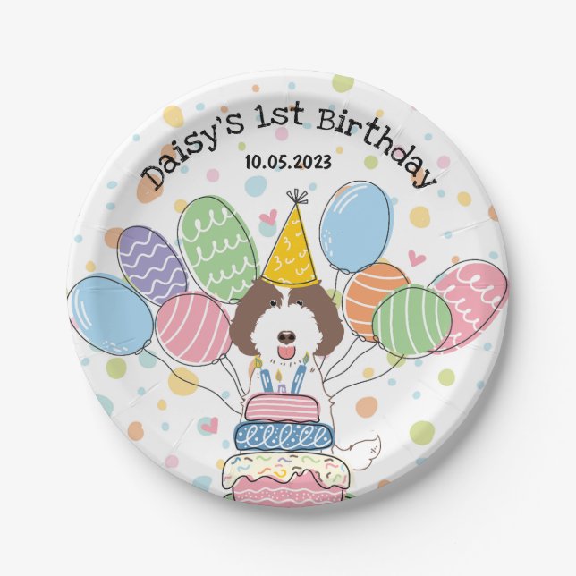 Brown Labradoodle Dog Birthday Party Paper Plates (Front)