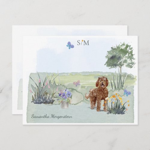 Brown Labradoodle Dog Butterfly Monogram  Name  Note Card