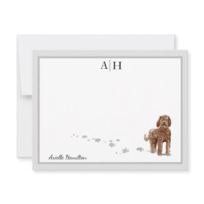 Brown Labradoodle Dog Gray Border Monogram Custom Note Card