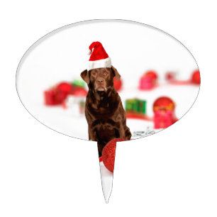 Brown Labrador Dog Christmas w Gifts Santa Hat Cake Topper