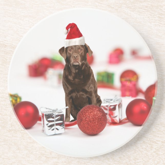 Brown Labrador Dog Christmas w Gifts Santa Hat Drink Coaster (Front)