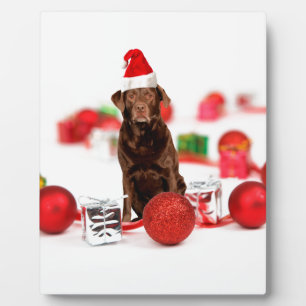 Brown Labrador Dog Christmas w Gifts Santa Hat Plaque