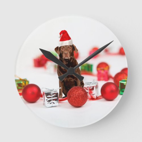Brown Labrador Dog Christmas w Gifts Santa Hat Round Clock