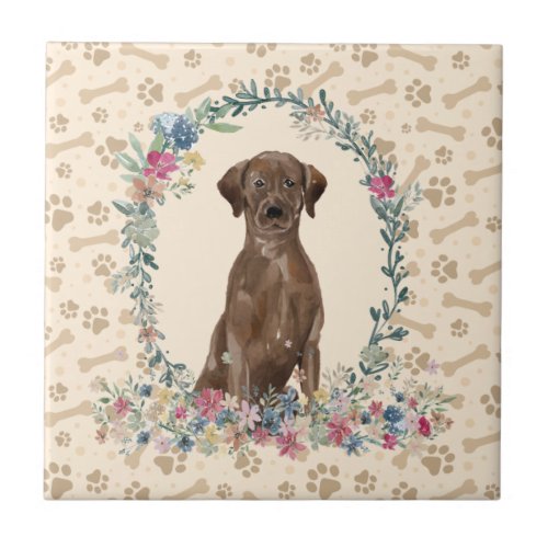 Brown Labrador retriever Dog Paw Print Floral Cute Ceramic Tile