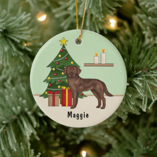 Brown Labrador Retriever Dog With Christmas Tree Ceramic Ornament