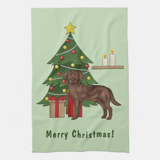 Brown Labrador Retriever Dog With Christmas Tree Kitchen Towel (Vertical)