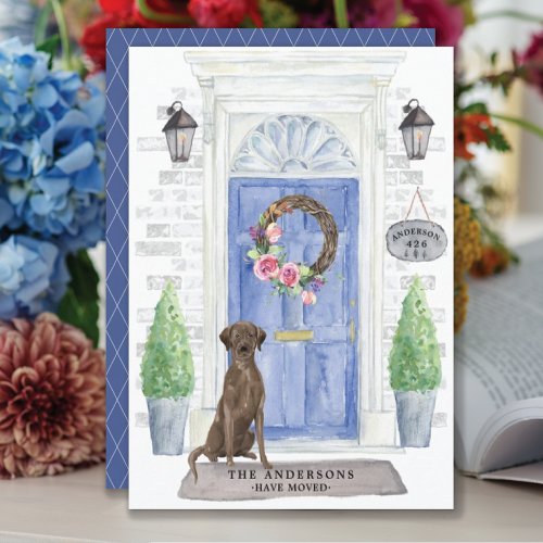 Brown Labrador Retriever Door Moving Announcement - Announce your new address with our stylish announcement featuring a Brown Labrador retriever, blue front door, welcome mat, slate sign, topiaries and a floral wreath set on a gray brick background.