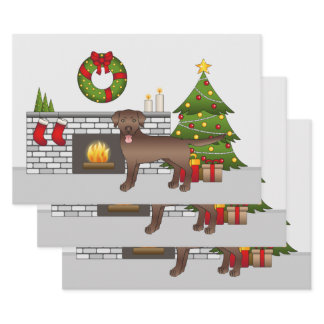 Brown Labrador Retriever - Festive Christmas Room Wrapping Paper Sheets