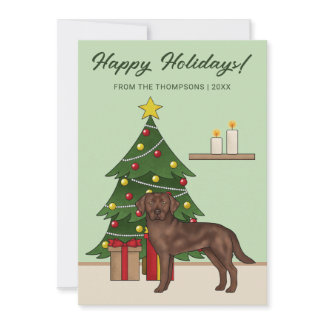 Brown Labrador Retriever Green Festive Christmas Holiday Card