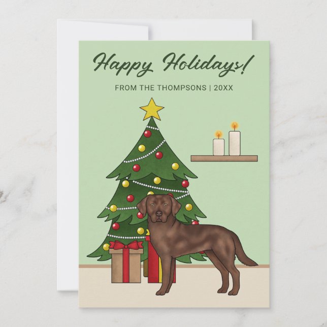 Brown Labrador Retriever Green Festive Christmas Holiday Card (Front)